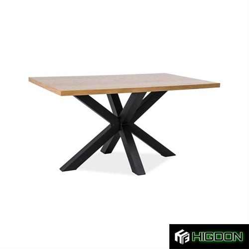 Rectangular dining table with a wooden desktop and black metal stand